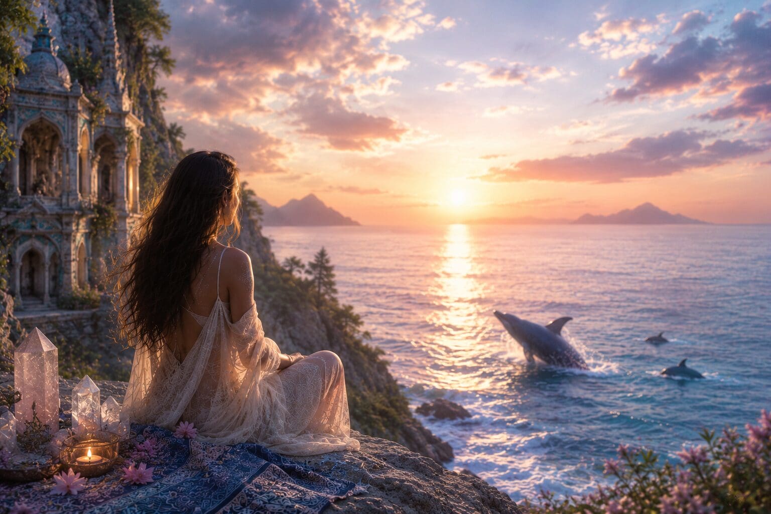 Woman overlooking the ocean with dolphins, representing a spiritual connection to Lemuria