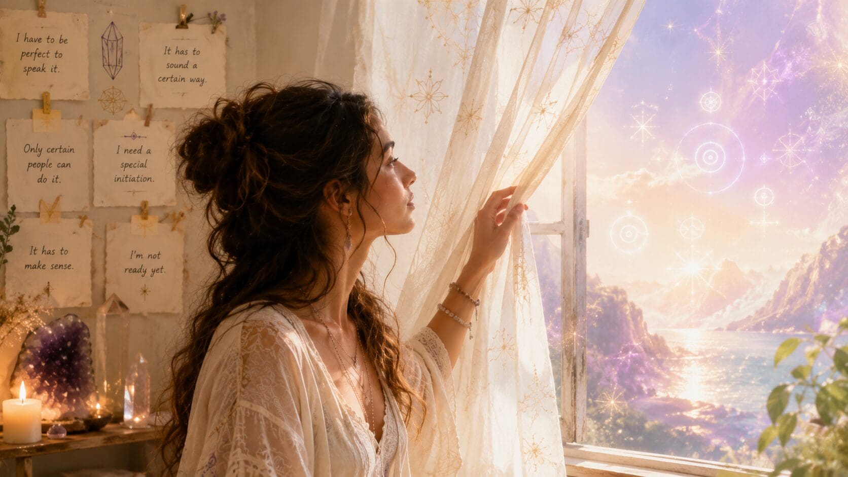 Woman looking beyond limiting beliefs about light language toward greater clarity, trust, and spiritual expression