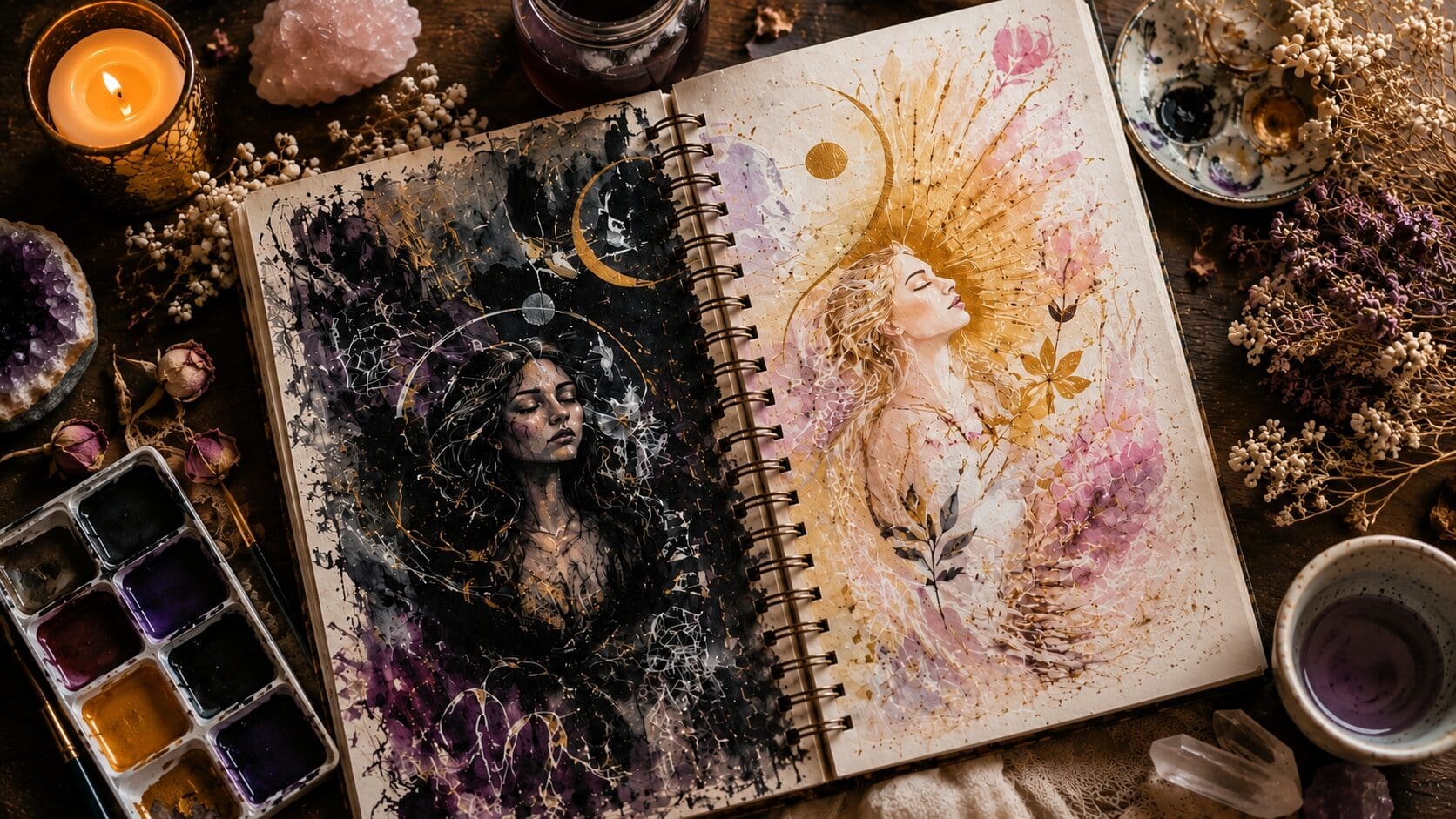 Art journal depicting the transformation from a wounded priestess to a liberated priestess through sacred art and creative healing