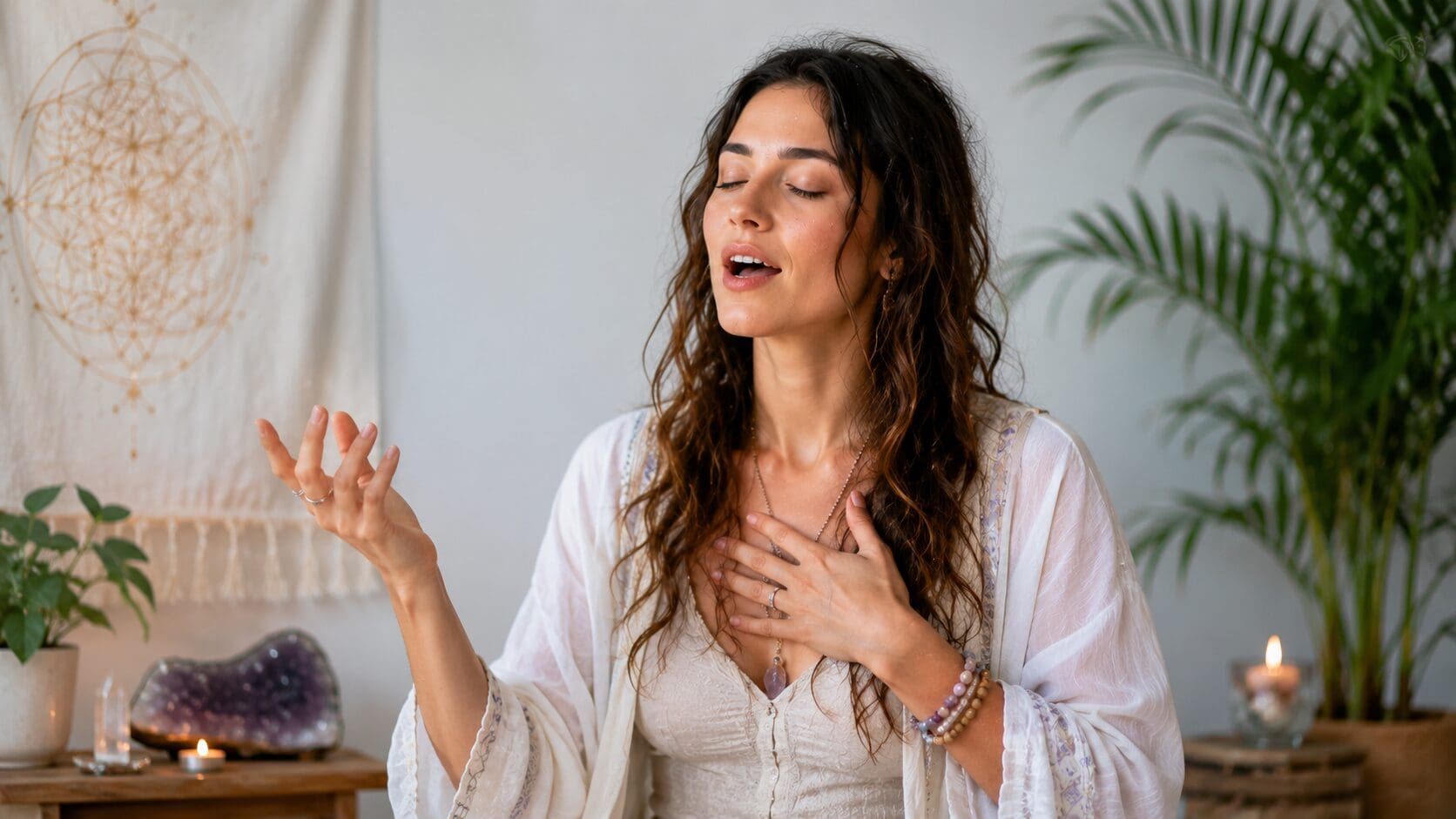 Woman speaking light language in a peaceful spiritual setting with eyes closed and hands gently expressing intuitive energy