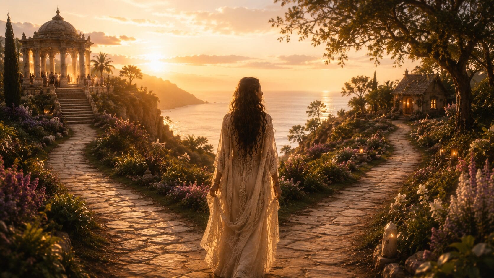 Woman standing at a forked path between a temple gathering and a quiet seaside cottage, symbolizing different expressions of the priestess journey