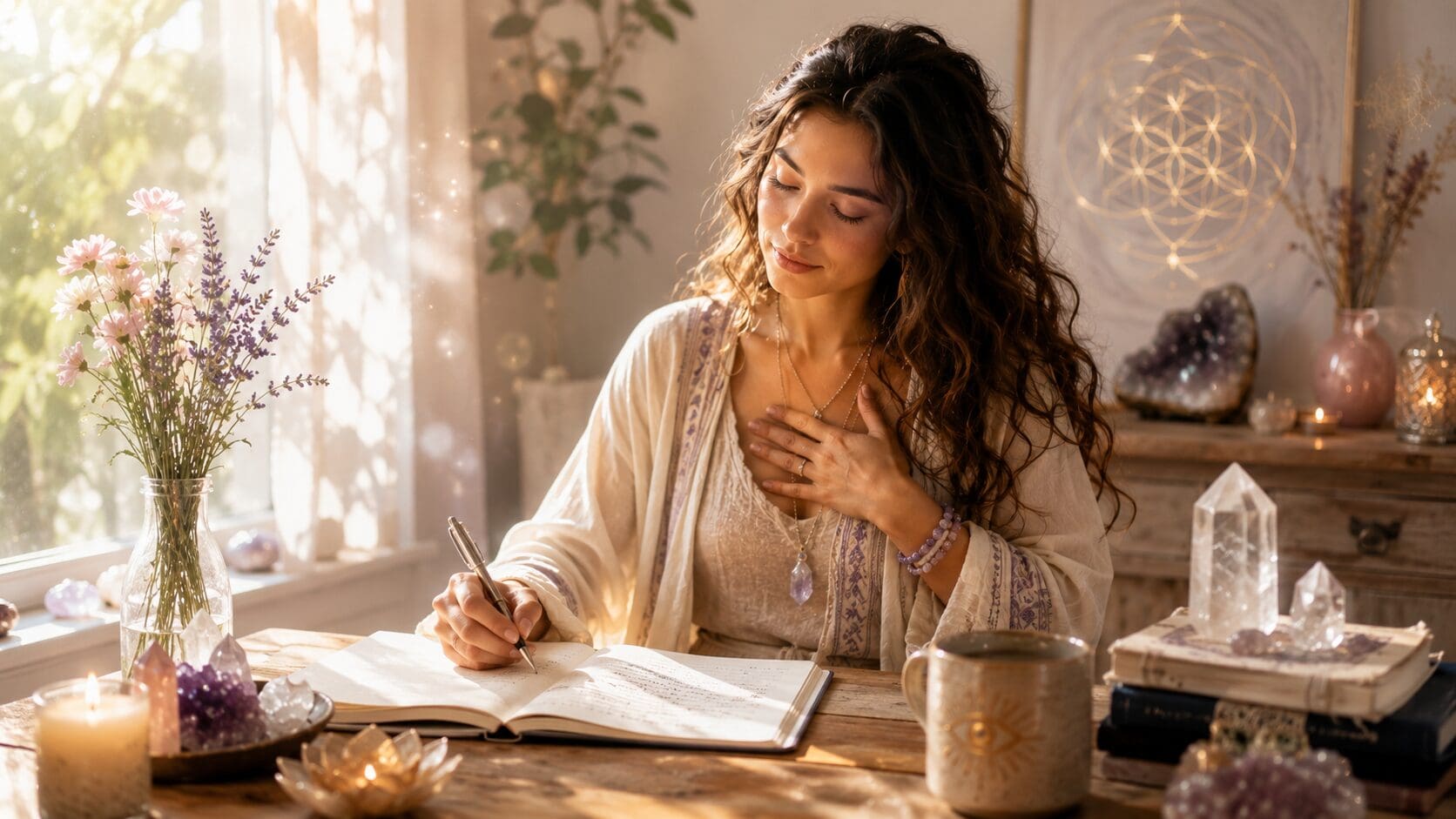 Woman receiving intuitive guidance while journaling in a peaceful spiritual setting