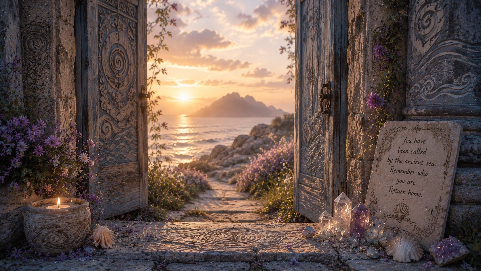 Ancient doorway opening toward the ocean, symbolizing the calling of the Lemurian Priestess