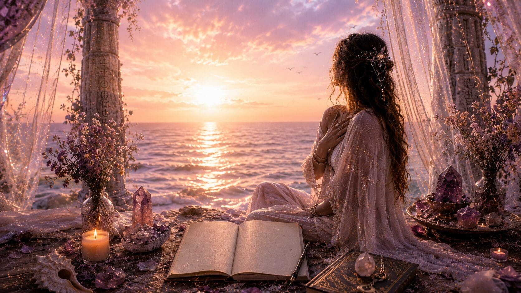 Woman with hand on heart gazing across the ocean at sunrise, symbolizing remembrance, self-trust, and finding her voice