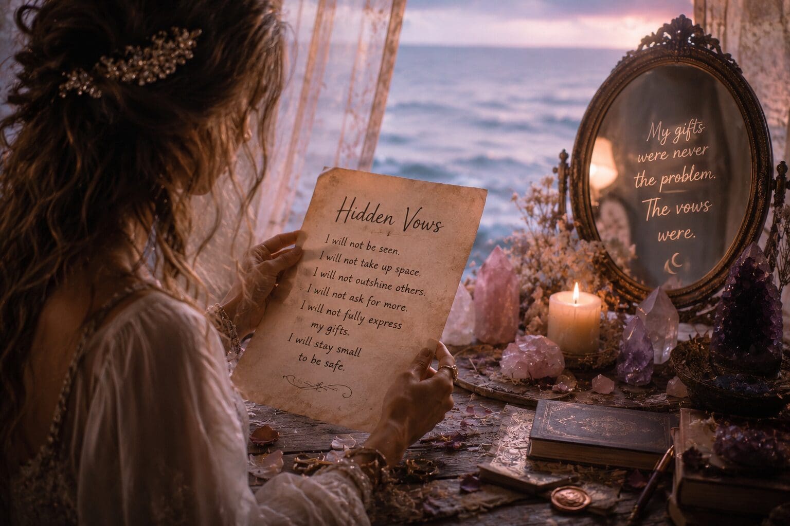 Woman reading a list of hidden vows beside the ocean, symbolizing unconscious agreements that keep spiritual women small