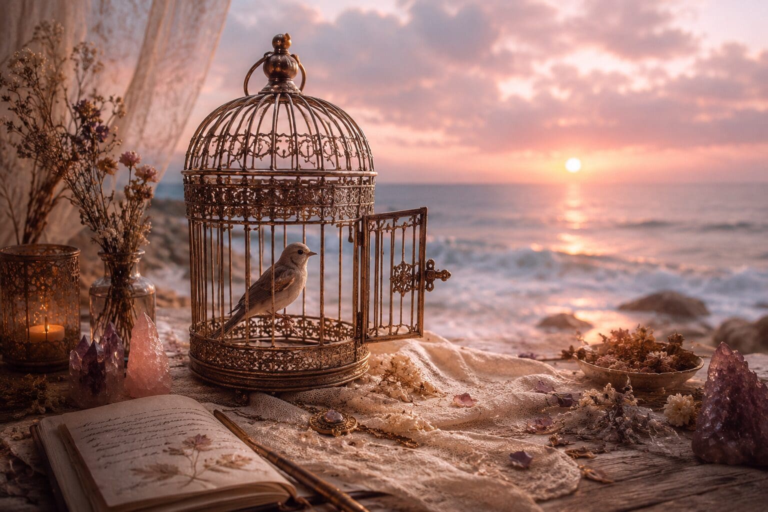 Open birdcage by the ocean symbolizing the Priestess Wound and the journey from hiding spiritual gifts to self-expression