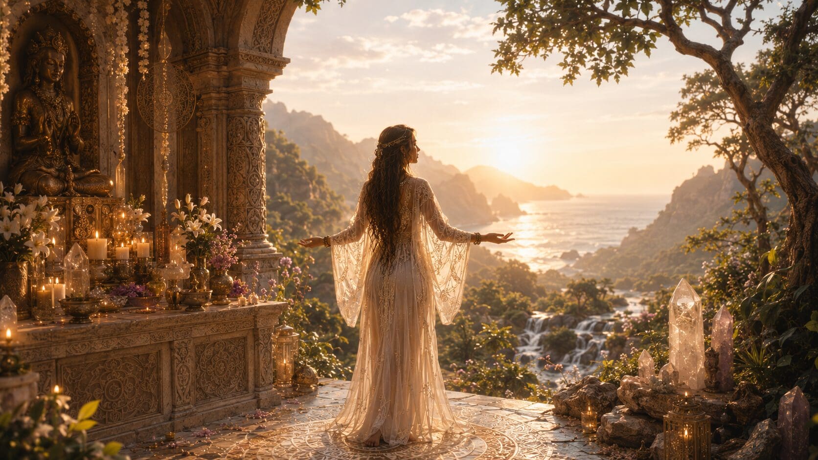 Priestess standing between a sacred temple and the natural world, symbolizing the connection between physical reality and spiritual wisdom