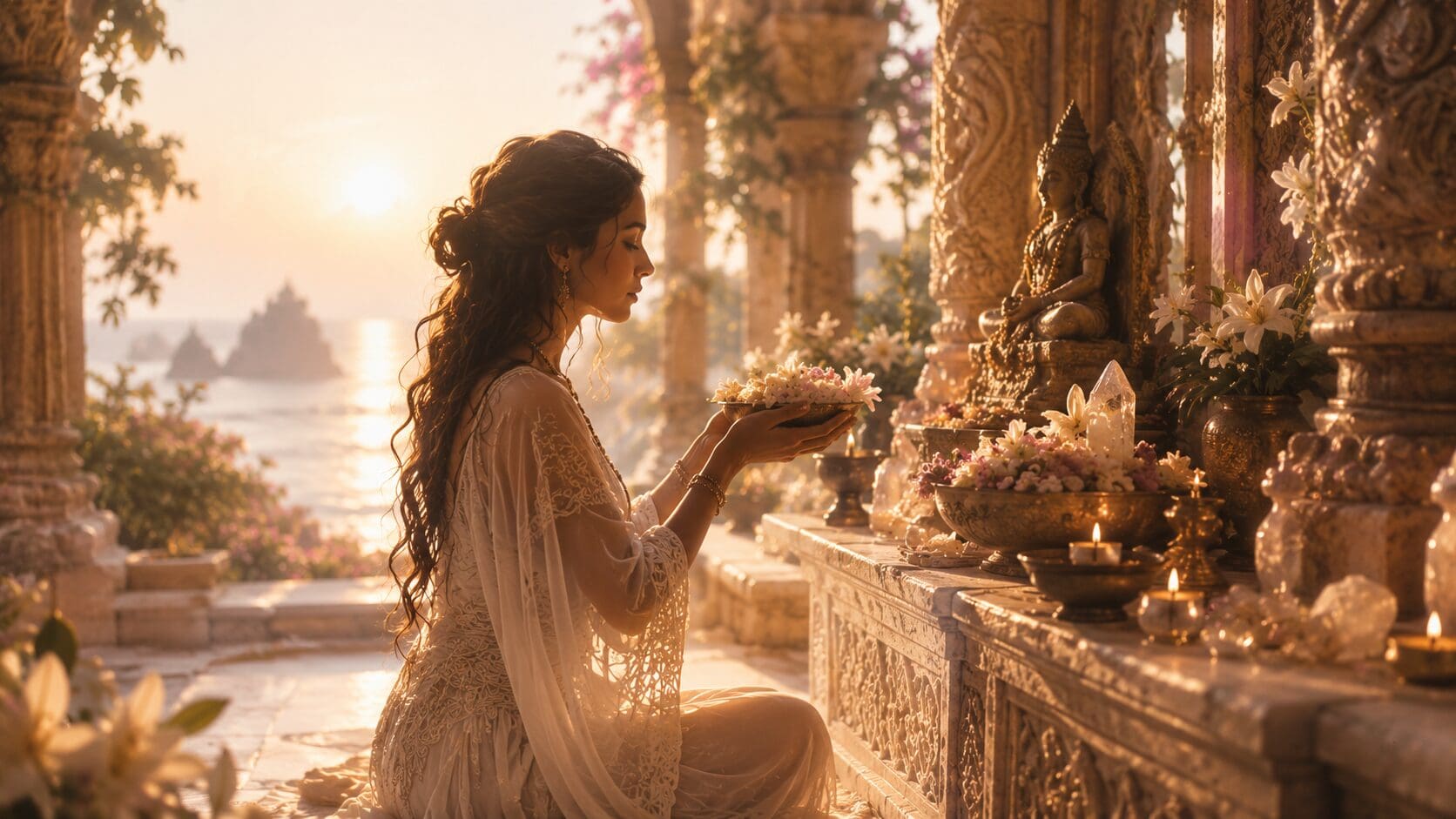 Woman in a sacred temple setting offering flowers and devotion, symbolizing service to the Divine through presence, prayer, and spiritual practice