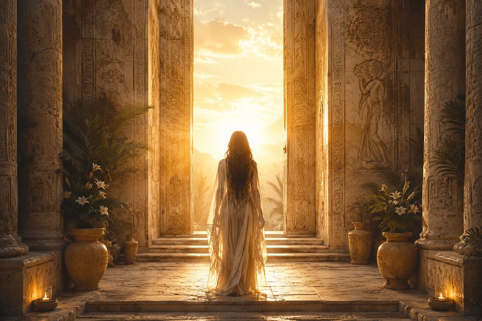 Woman standing at a sacred temple threshold symbolizing priestess initiation, remembrance, and spiritual leadership