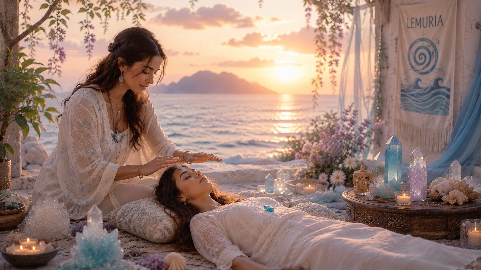 Lemurian healing session by the ocean with healer and client surrounded by crystals and soft sunset light