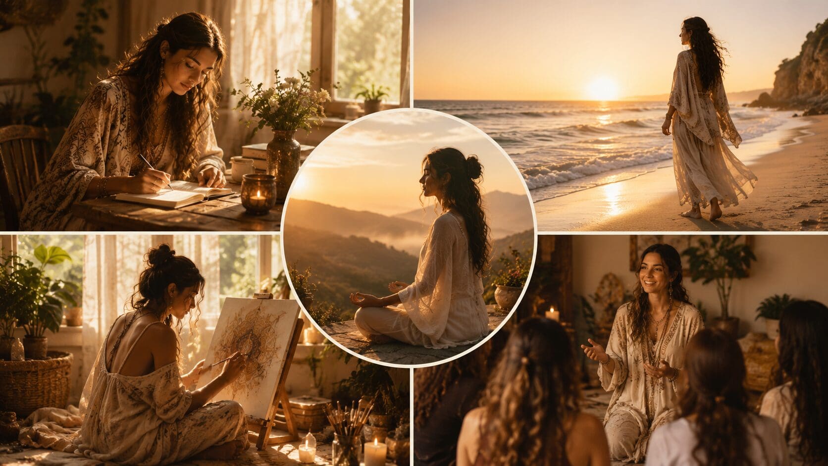 Collage showing a woman expressing her priestess path through journaling, meditation, creativity, teaching, and connection with nature