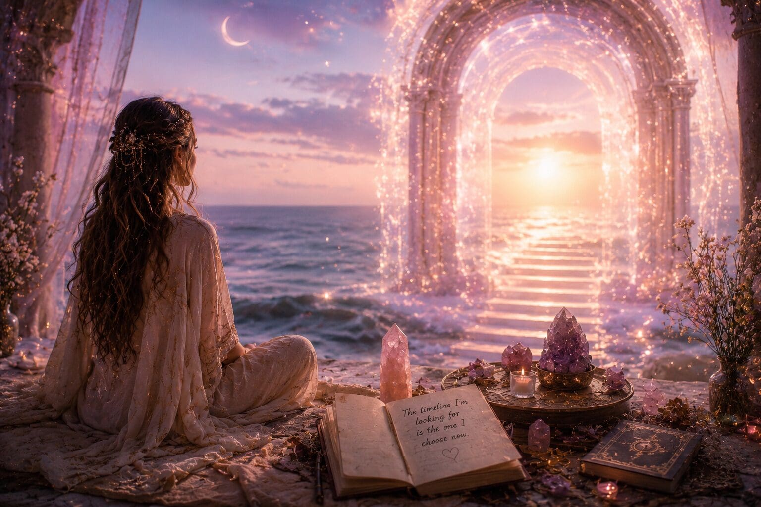 Woman gazing toward a glowing ocean portal, symbolizing the realization that the highest timeline is created through present choices