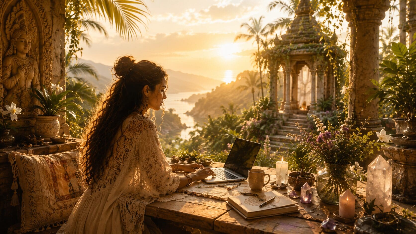 Woman working at a laptop in a sacred temple-inspired setting, symbolizing spiritual business, service, creativity, and priestess leadership