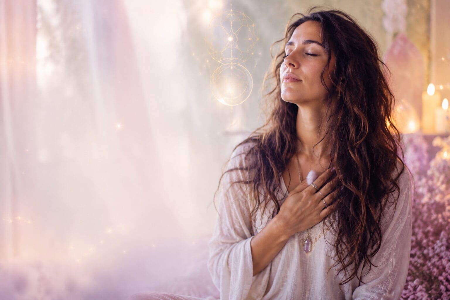 Woman with eyes closed and hand on heart representing trust, self-expression, and spiritual confidence.