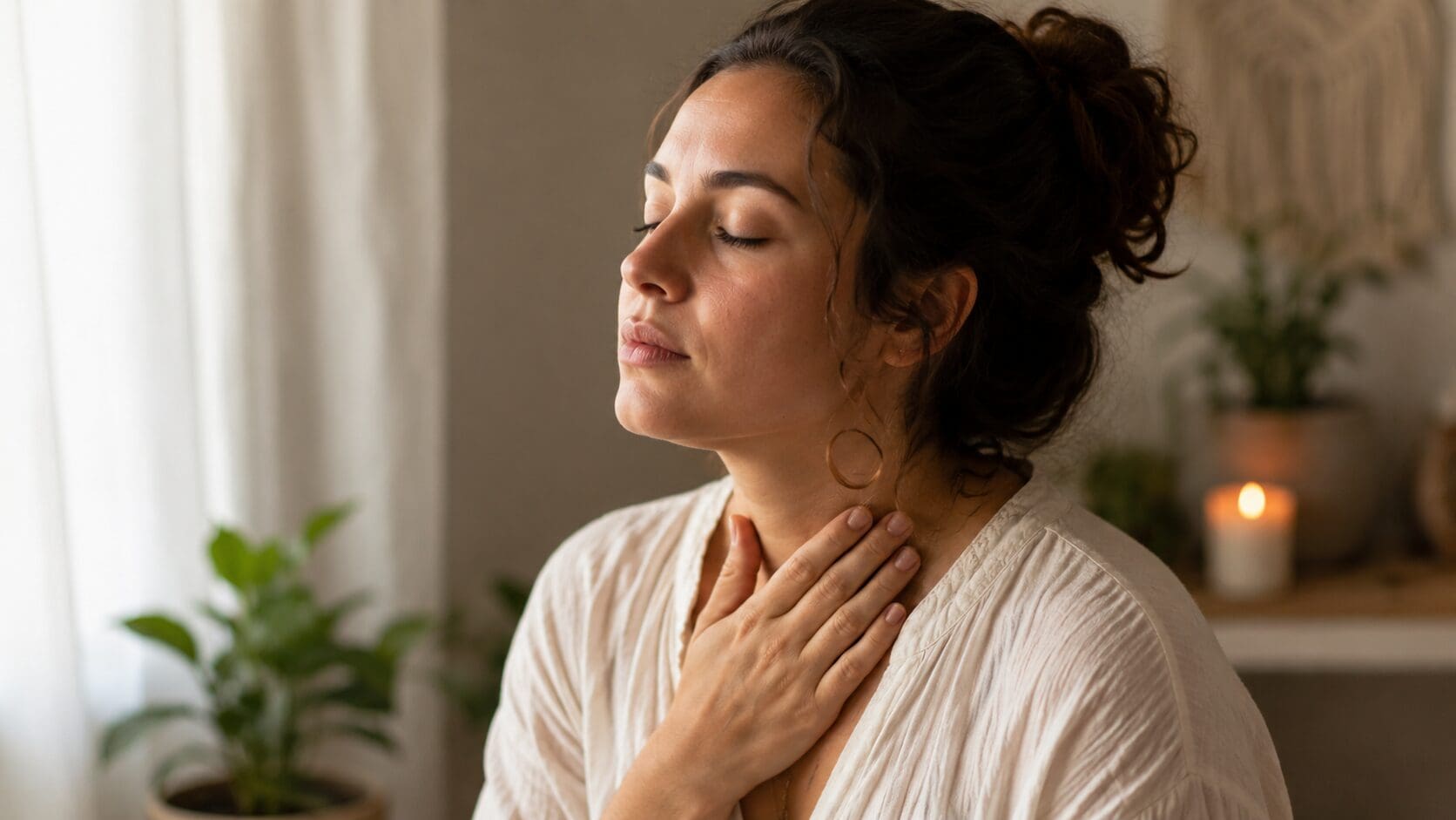 Woman with eyes closed and hand on throat representing self-expression, vulnerability, and finding the courage to use her voice.