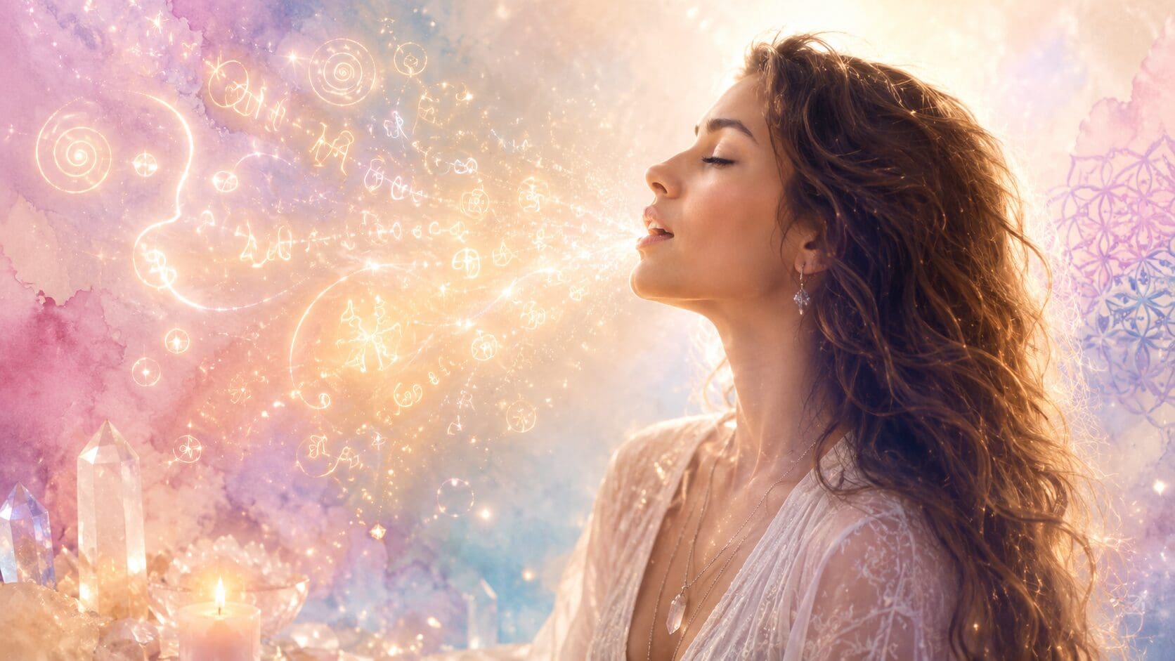 Woman transmitting light language symbols representing intuitive communication beyond words and mental understanding.