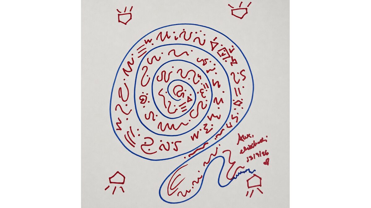 Hand-drawn light language art featuring a blue spiral mandala filled with red symbols, inspired by a healing ceremony seen during meditation.