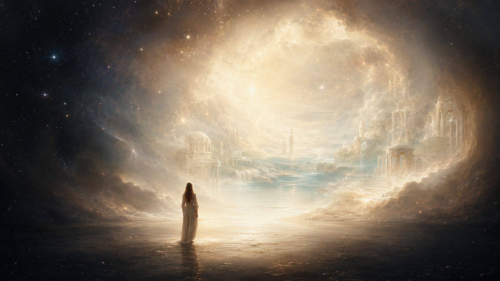A Lemurian Priestess stands before a luminous white-stone civilization emerging from a vast, peaceful galaxy, symbolizing Lemurian and Christ consciousness meeting in oneness.