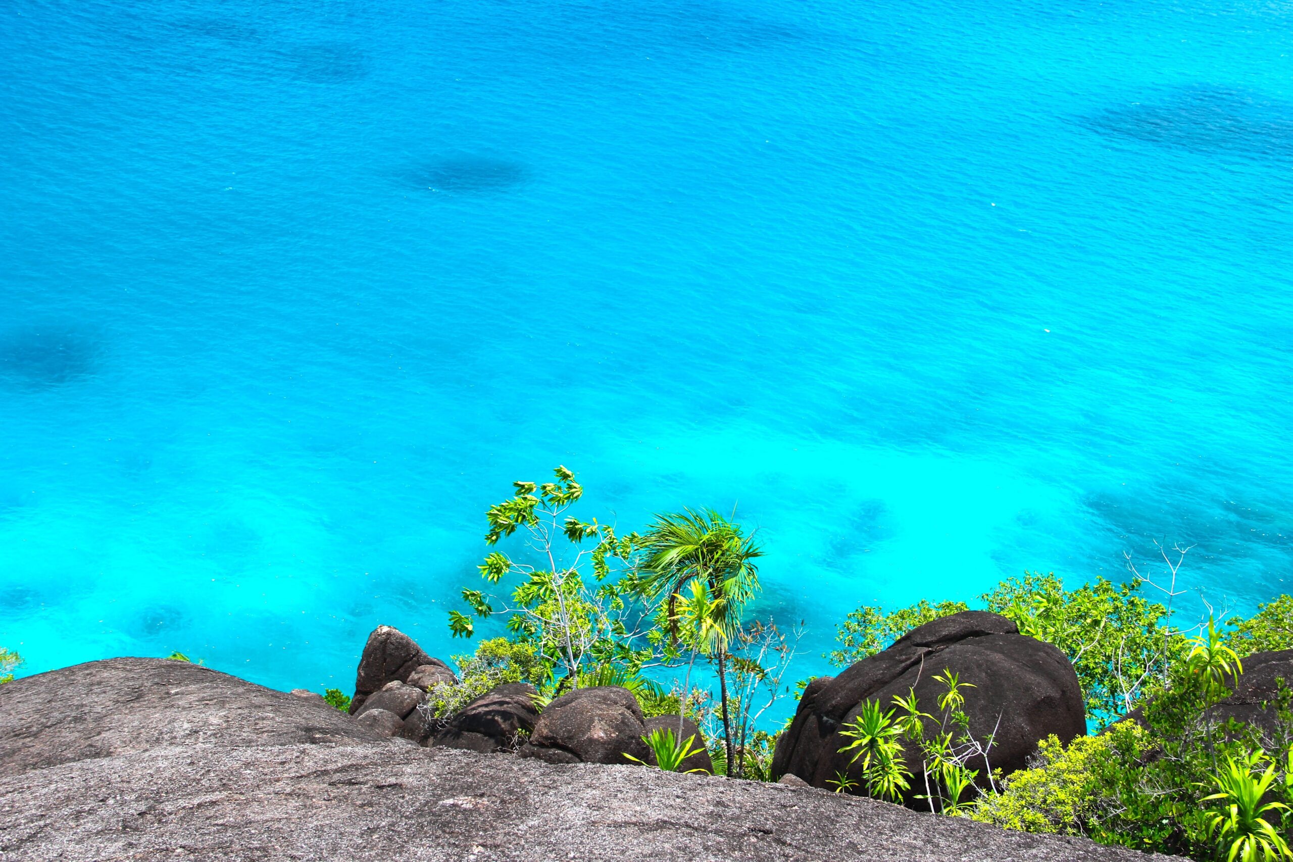 Turquoise tropical ocean viewed from a rocky coastline with lush green vegetation.