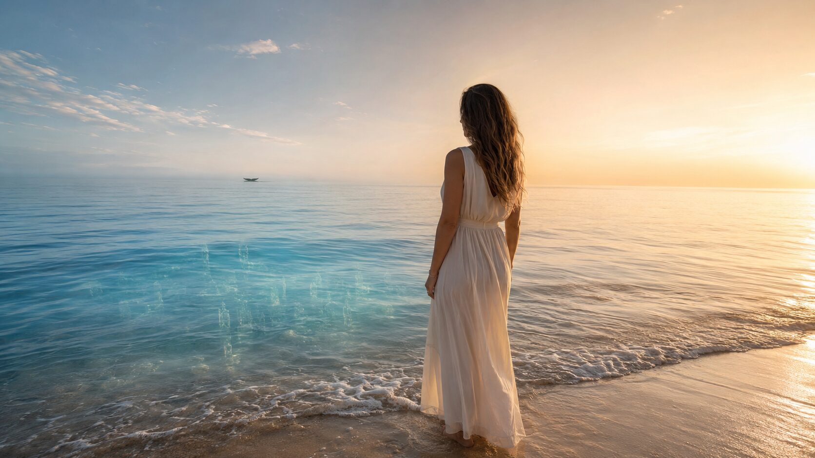 Woman standing at the ocean at sunrise, symbolizing Lemurian consciousness and the shift from 3D to 5D New Earth consciousness.