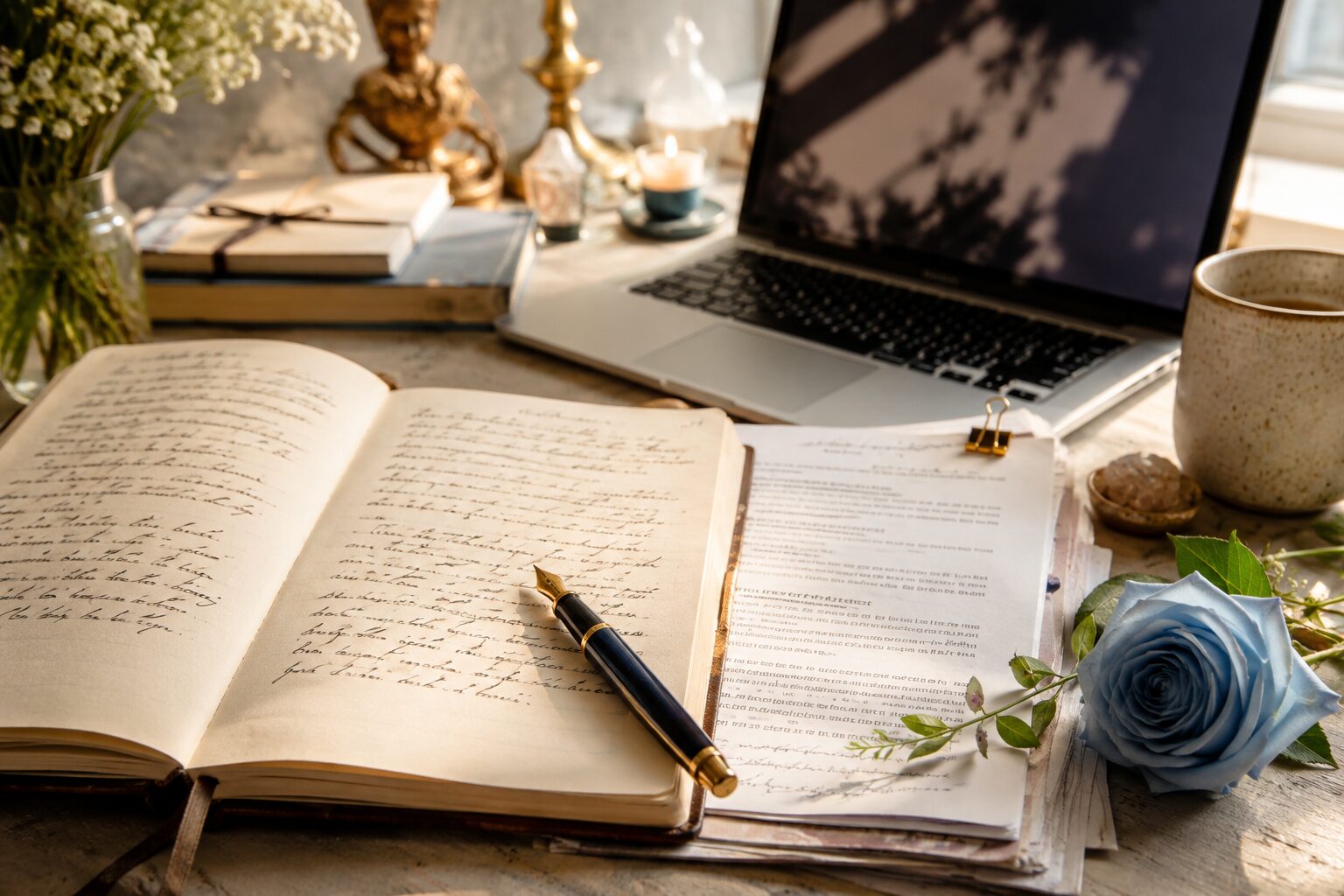 Open handwritten journal, fountain pen, laptop, and blue rose representing AI-supported writing while preserving your own voice.