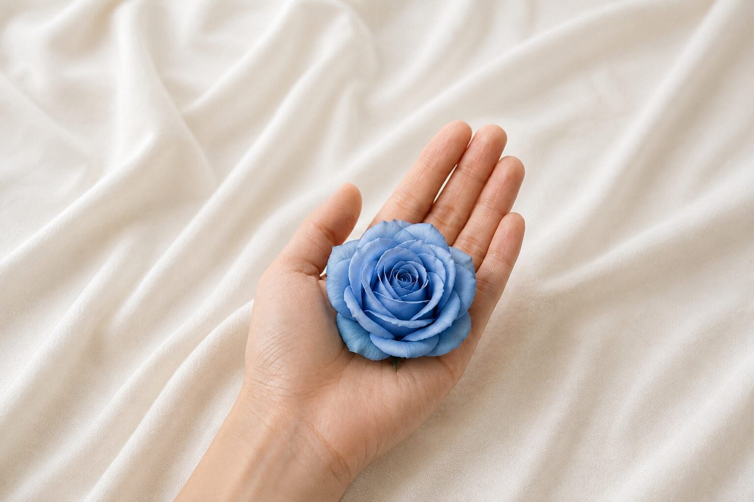 Blue rose resting in an open hand, representing an artistic vision that may need to wait