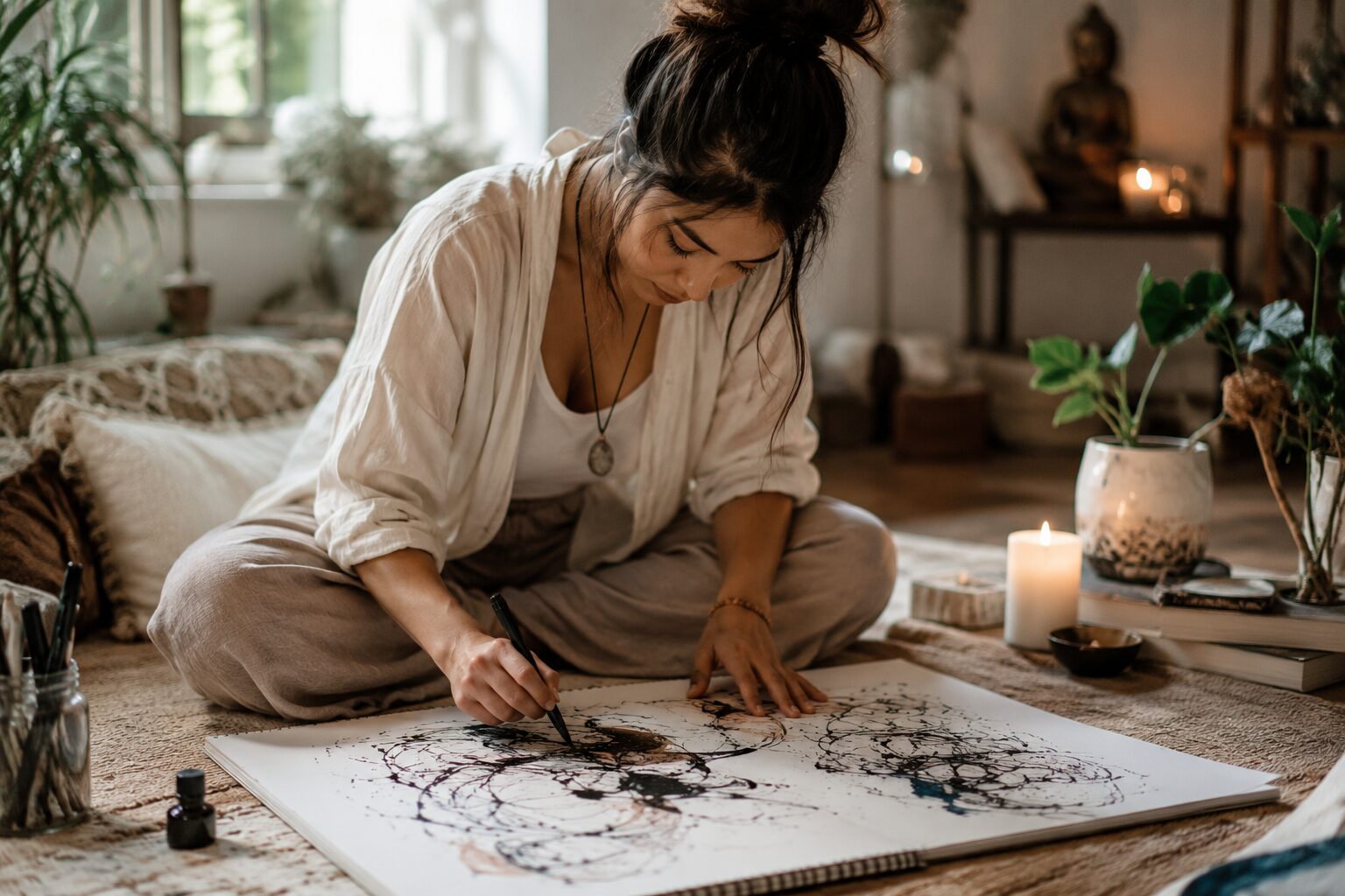 Woman using expressive art as a healing tool during a personal spiritual healing practice
