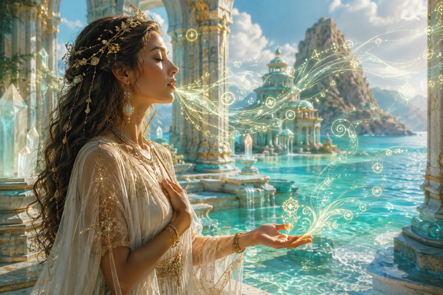Lemurian priestess channeling Light Language beside a turquoise temple sanctuary
