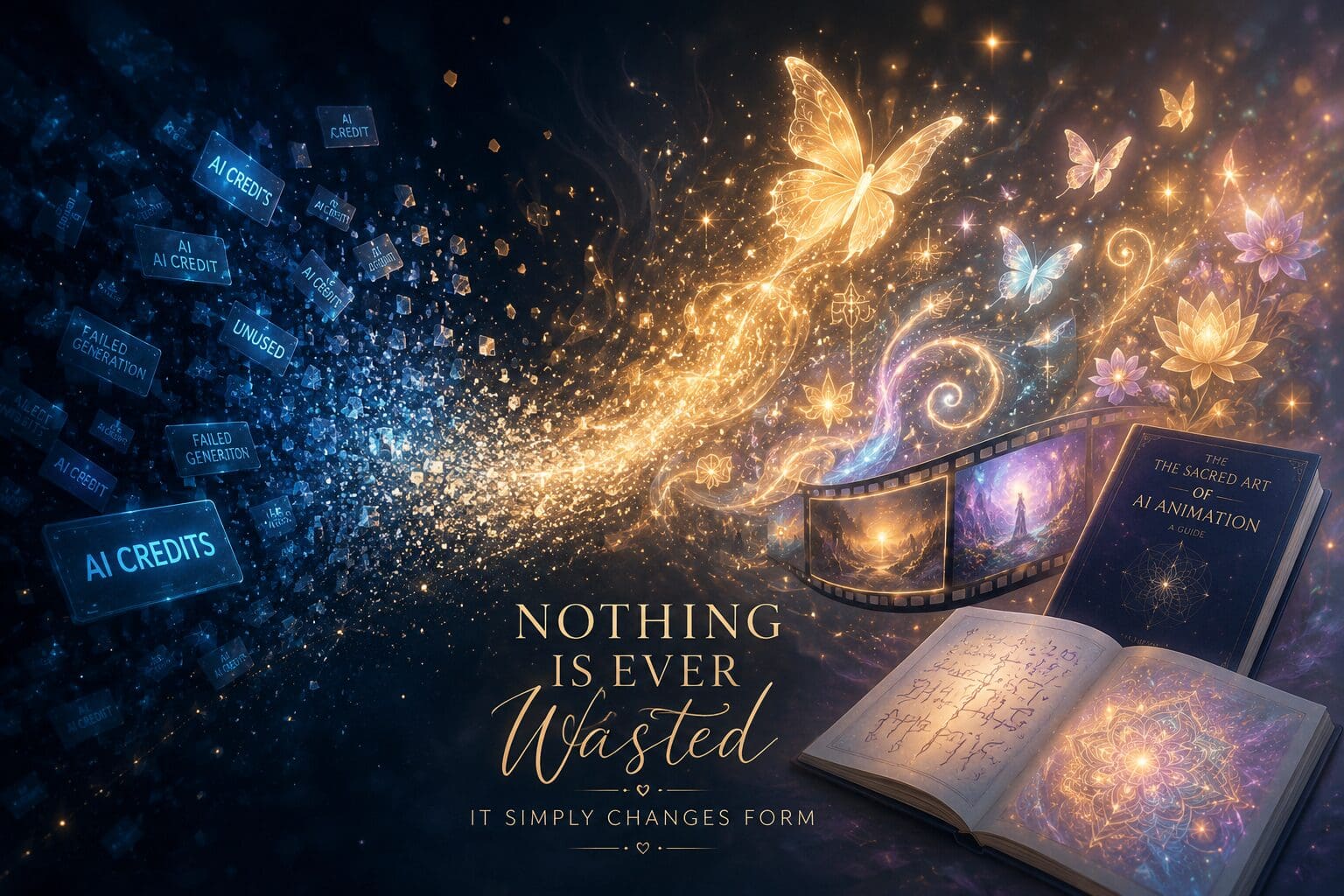 AI credits transforming into butterflies, video, and a sacred art animation guide, symbolizing that nothing is ever wasted