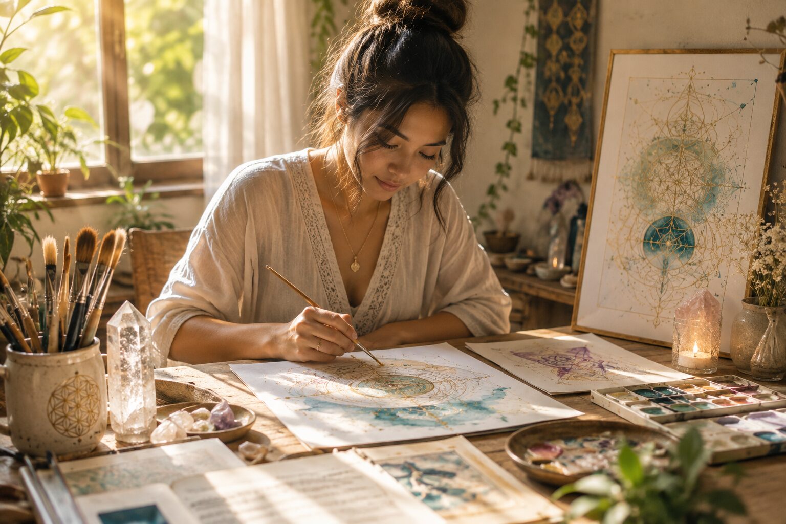 Artist creating sacred art with ease in a sunlit studio