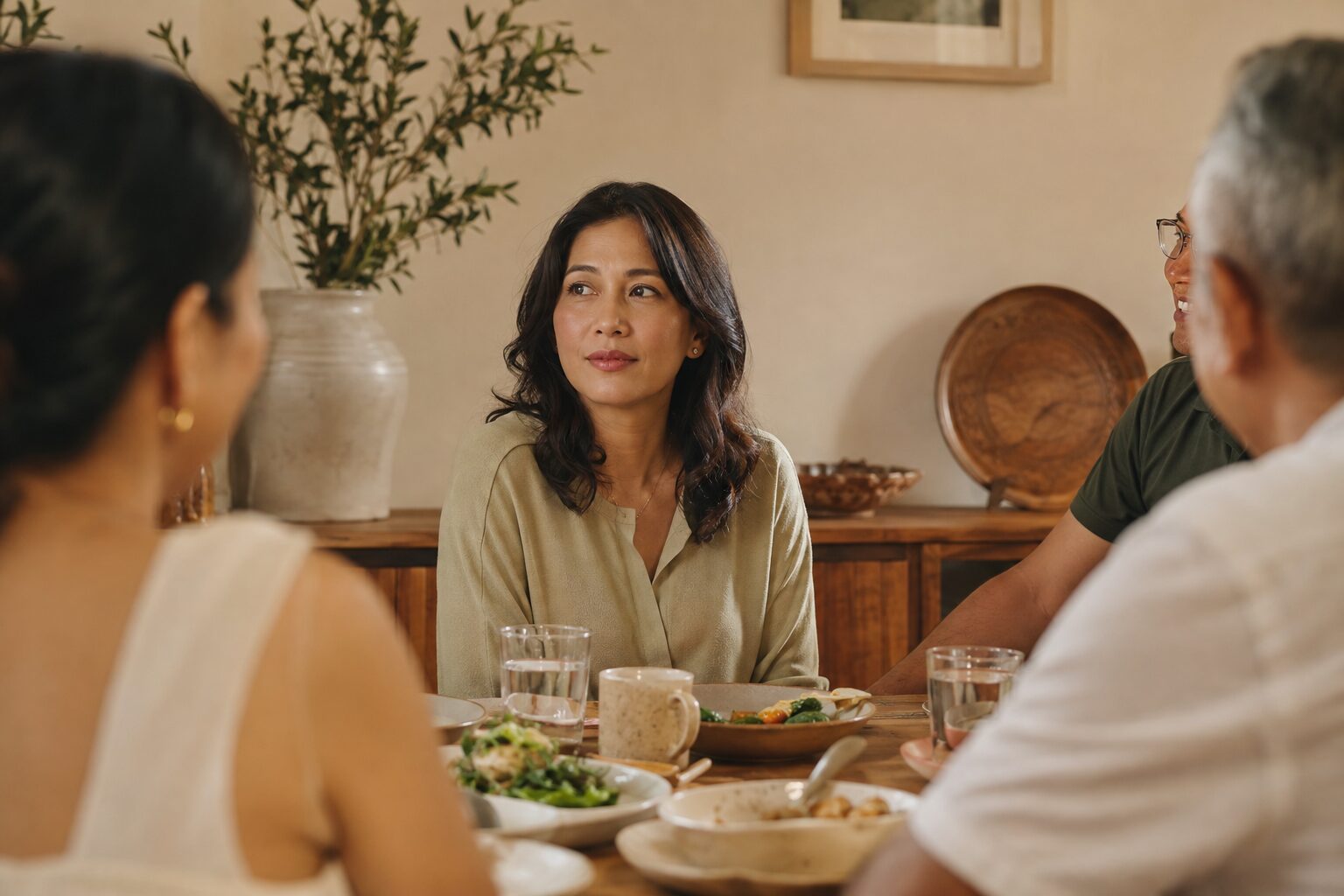 Woman reflecting at a family gathering after being asked how her spiritual business is doing