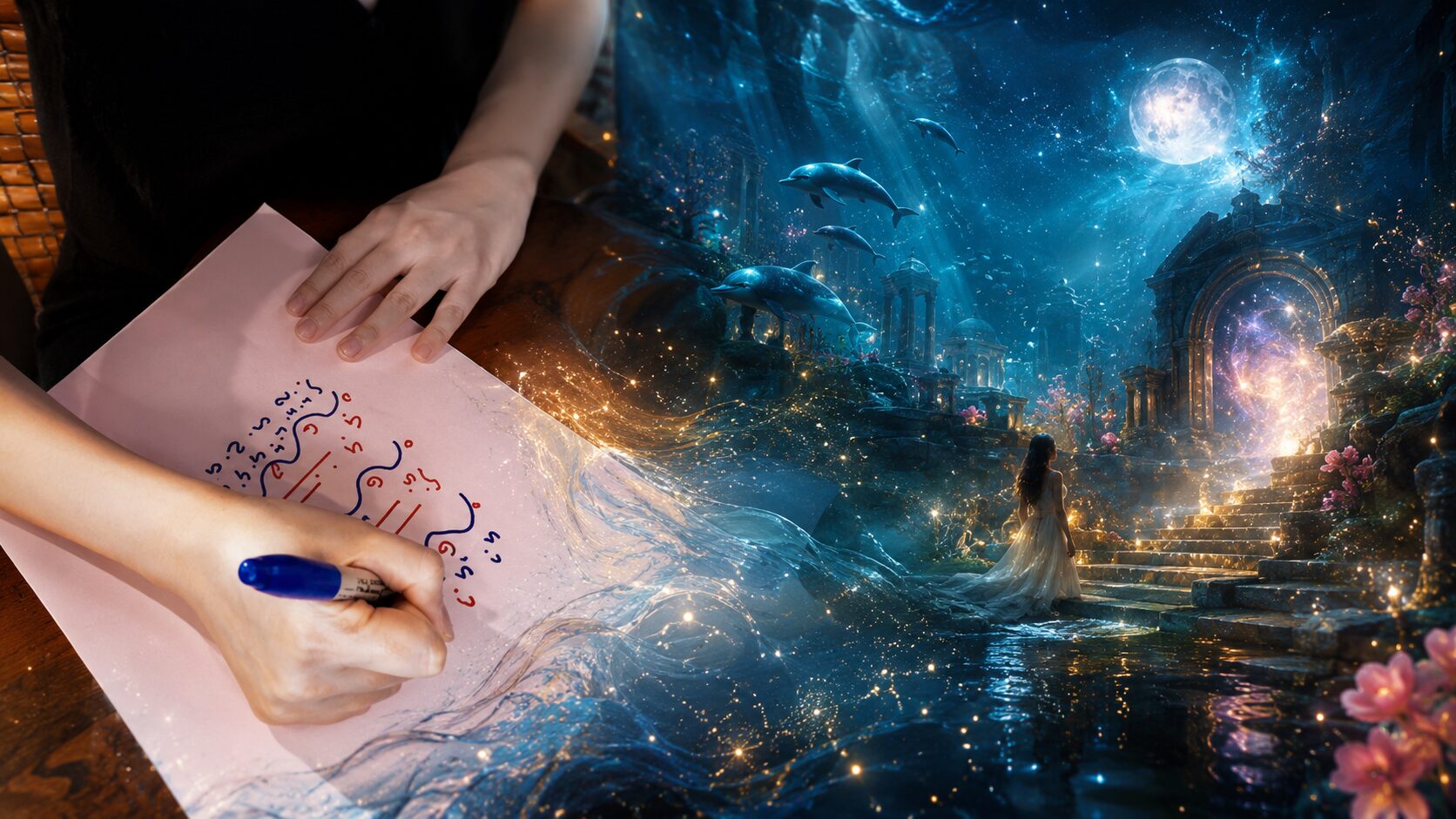 Hands creating original Light Language art as the handmade artwork expands into an imaginative cinematic world, representing AI and artists coexisting.