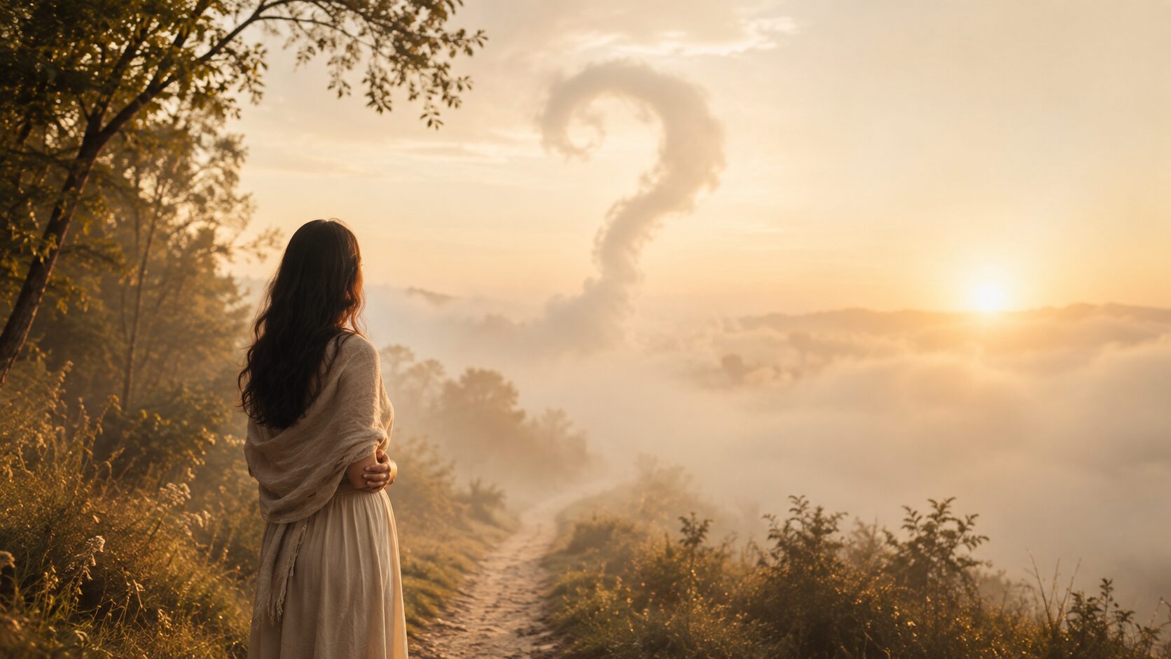 Gastritis and the Giant Question Mark: Woman standing before a misty path with a subtle question mark in the sky, symbolizing uncertainty, healing, and trust.