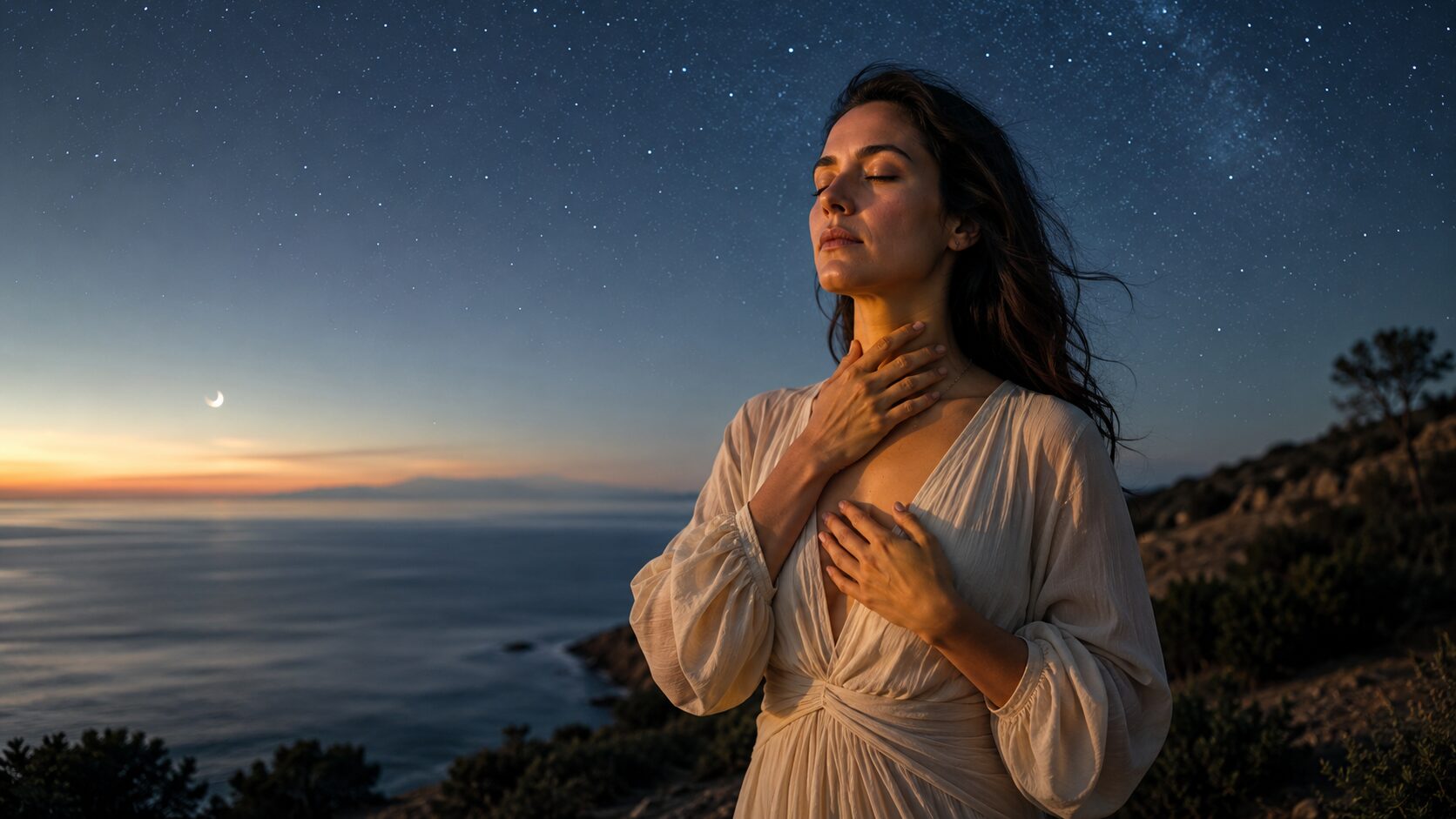 Woman holding her throat and heart beneath a starry sky, representing healing Starseed wounds.