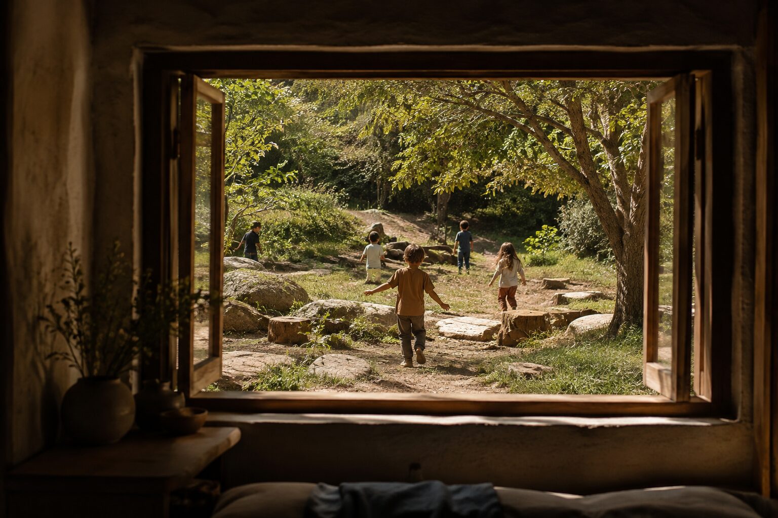 Nervous system shutdown vs energetic recalibration represented by children playing safely outside, viewed through an open window.