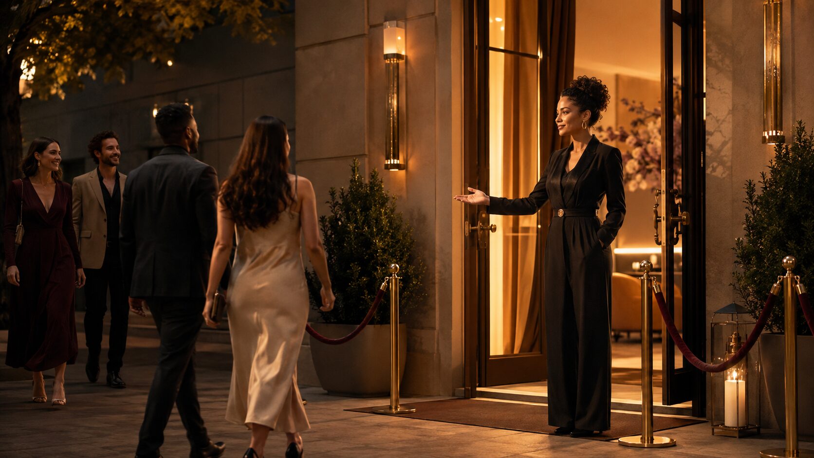 Nervous system and abundance represented by a calm female bouncer welcoming guests into a warmly lit nightclub.