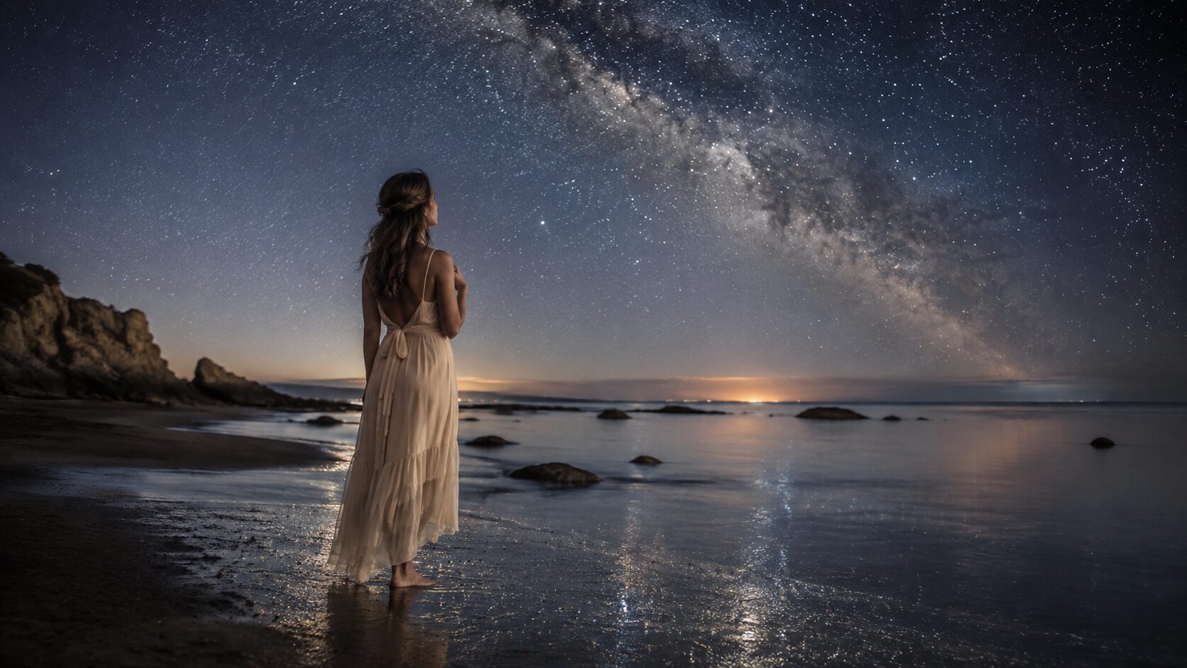 Woman beneath the stars representing seven signs you are a Starseed.