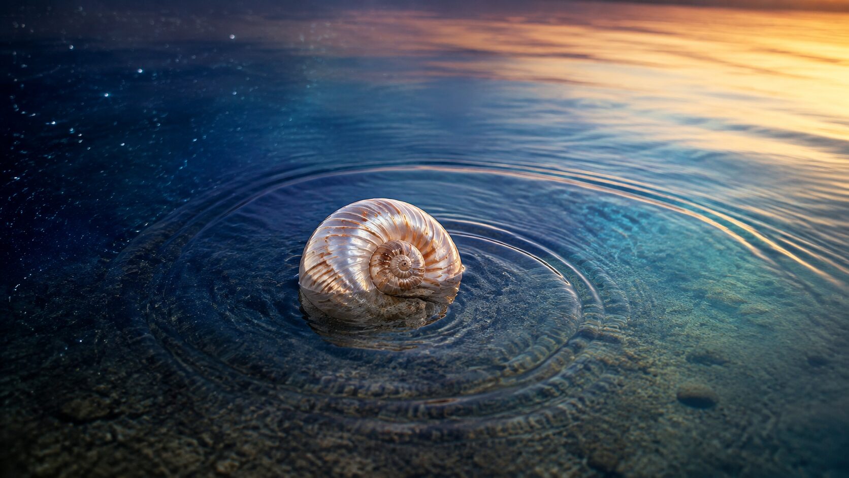 Nautilus shell with ripples beneath reflected stars, representing the three phases of Starseed awakening.