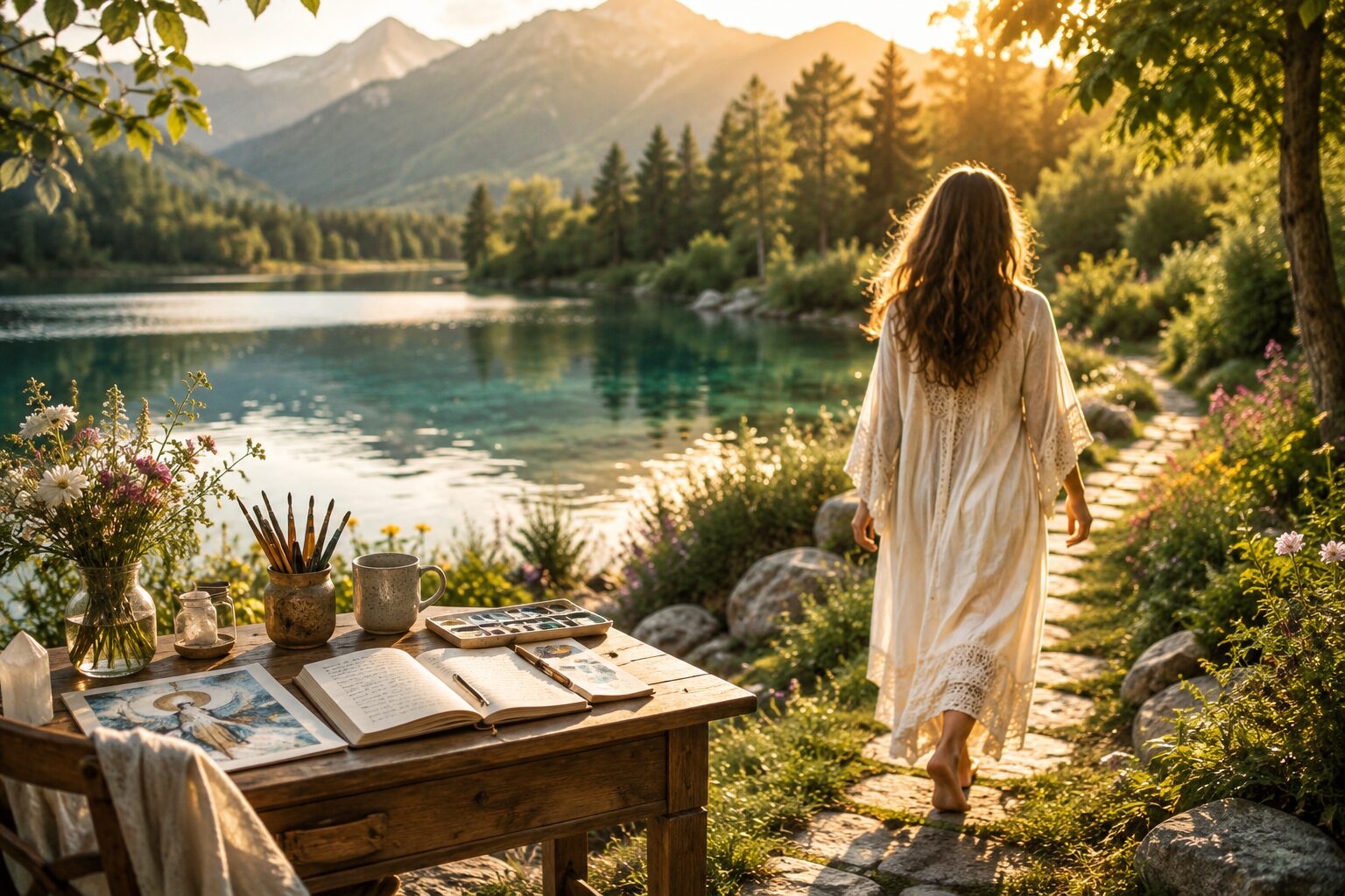 Artist walking away from her creative workspace beside a peaceful reservoir, representing the three principles of creative abundance.