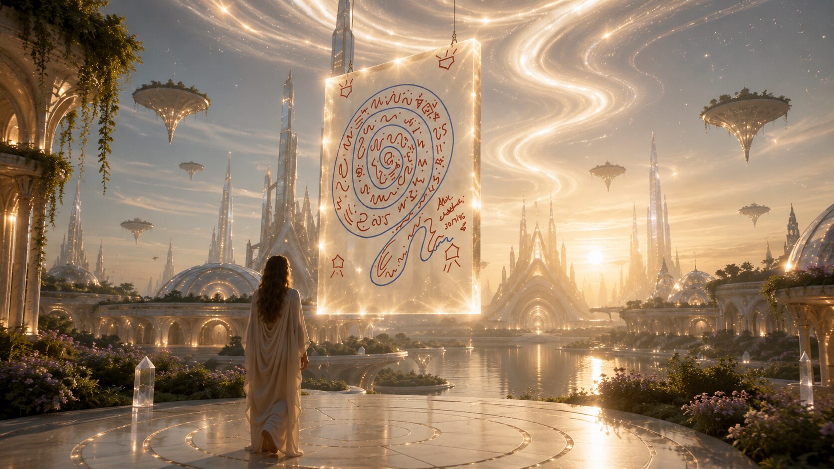 AI-assisted sacred artwork displayed in a luminous Lemurian-inspired city, exploring creative freedom and artists using AI.