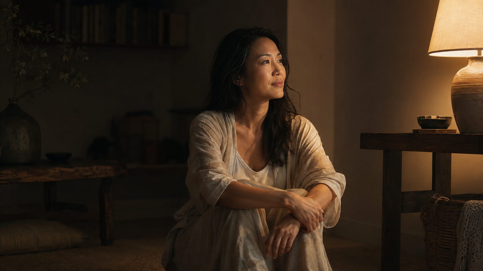 Woman sitting calmly in a darkened room as warm light returns, symbolizing nervous-system safety and reclaiming her inner authority.