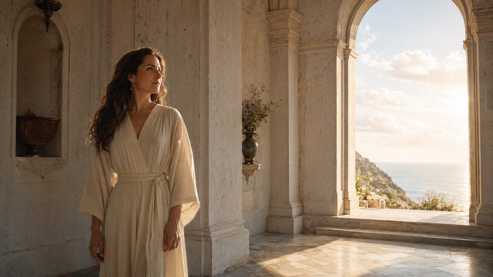 A woman in a flowing cream dress stands calmly inside an old stone chapel, looking toward a sunlit archway overlooking the ocean.