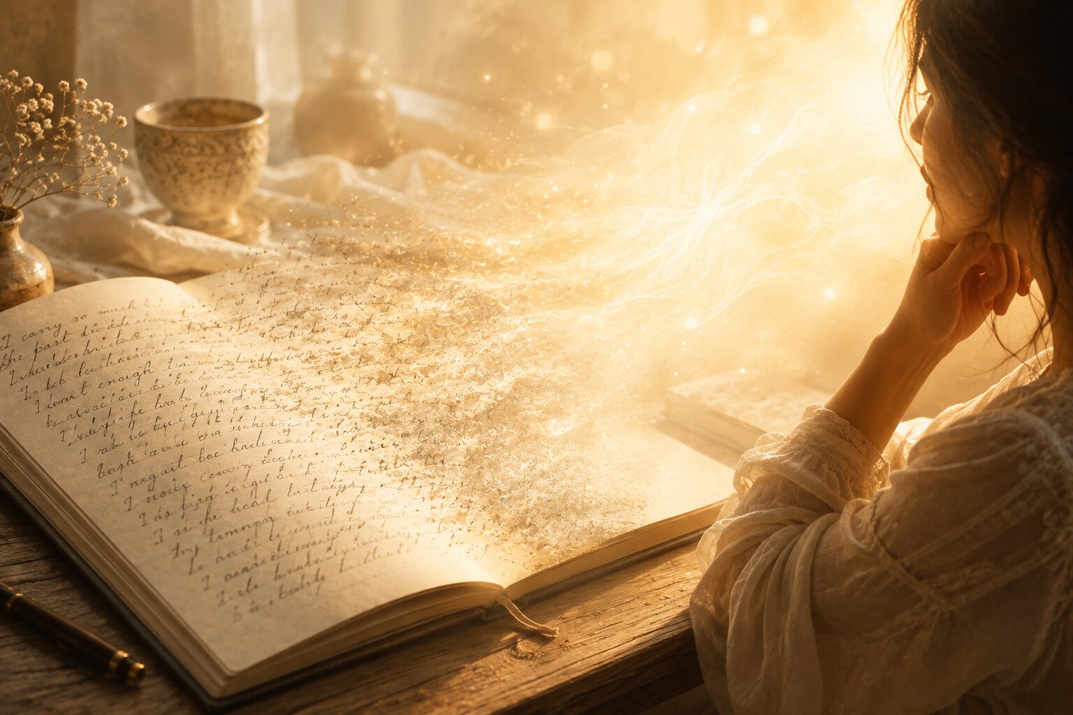 Handwritten words dissolving into light, representing why Light Language feels so pure