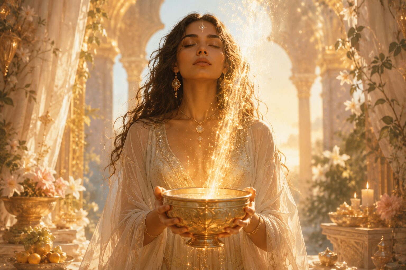 Woman holding a golden vessel of light, symbolizing the Divine Feminine, money, abundance, and the art of receiving.