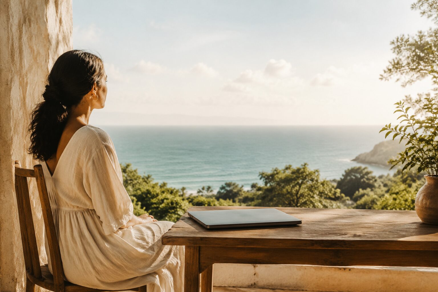 Divine mission beyond work represented by a woman beside a closed laptop, looking peacefully toward the ocean.