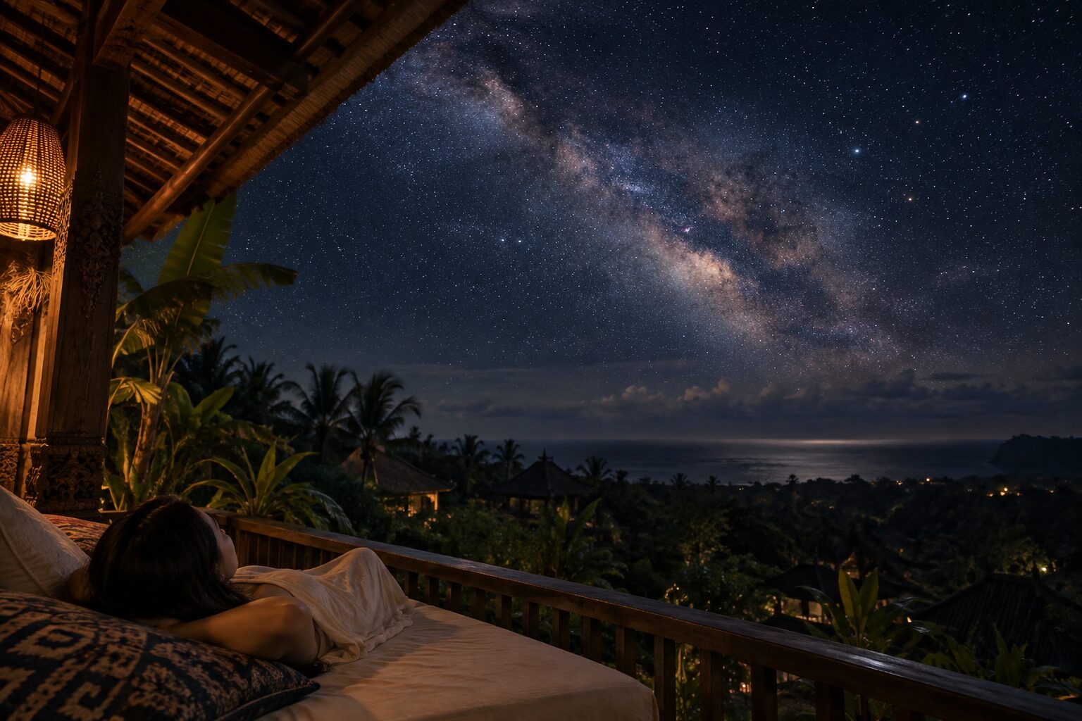 Woman gazing at the Milky Way from a balcony in Bali during Nyepi, reflecting a journey of Lemurian remembrance.