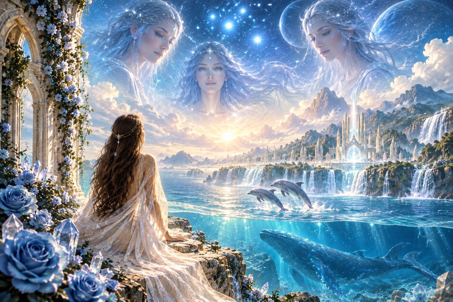 Pleiadian Star Mothers appearing above a Lemurian temple, blue ocean, dolphins, whale and Blue Roses