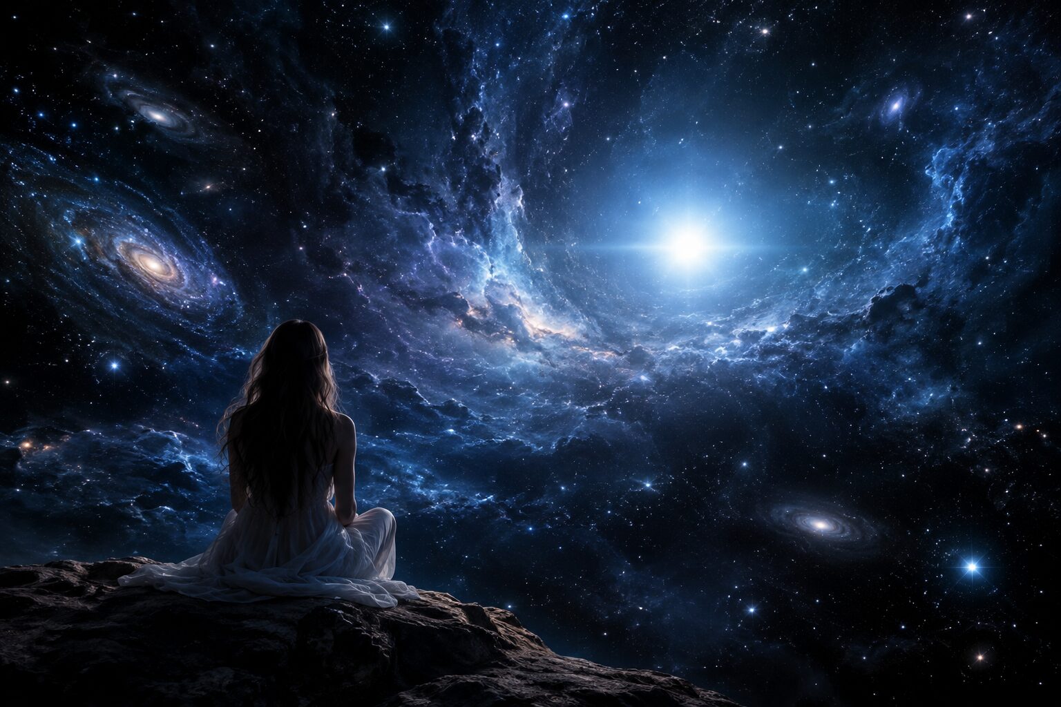 Sirius starseed cosmic remembrance depicted as a woman sitting at the edge of a vast star-filled galaxy beneath blue-white light.