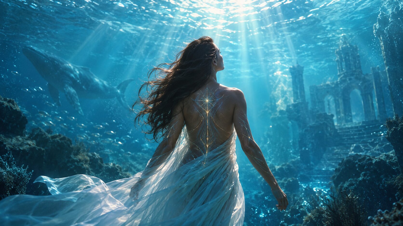 Woman underwater with glowing light codes representing Starseed DNA activation and soul remembrance
