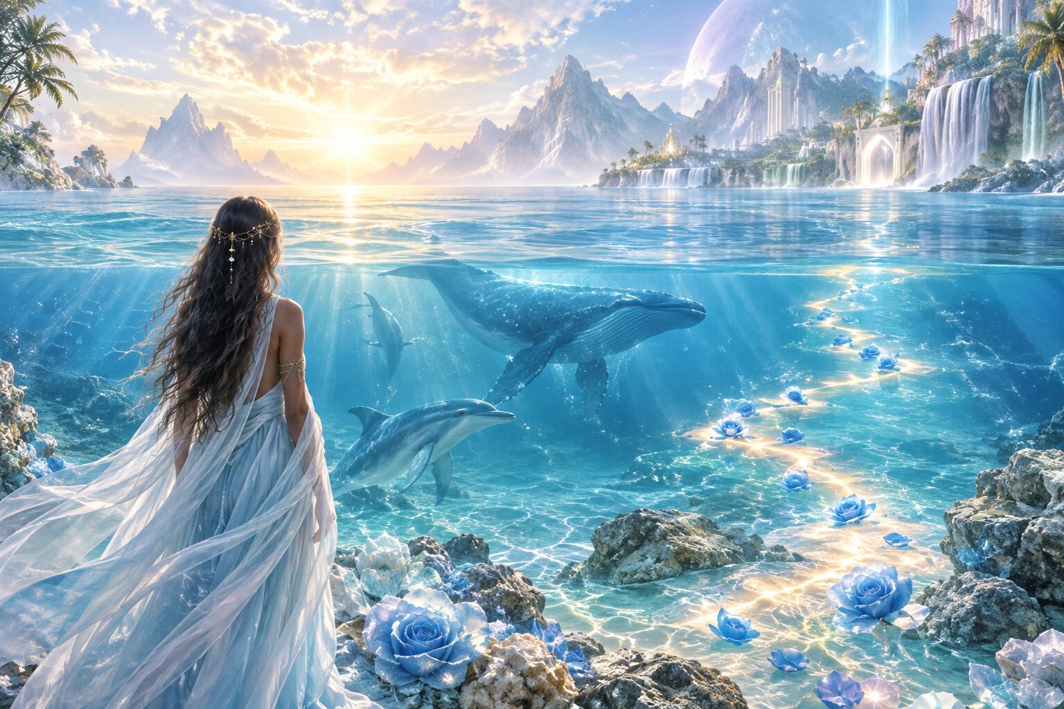 Lemurian priestess overlooking the ocean with a whale, dolphin, blue roses, and a luminous trail toward Lemuria